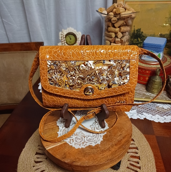 Vintage See Sharp Faux Tortoise Shell Pattern Brown/Mustard Yellow/Tan Purse - Picture 1 of 17